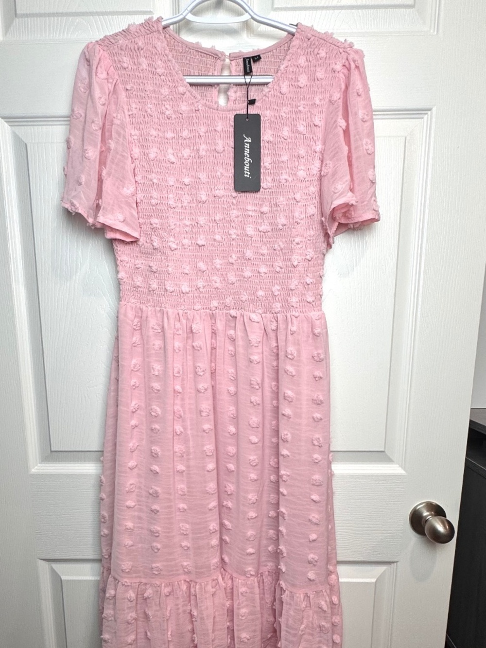 NWT Annebouti Pink Midi Smocked Dress Swiss Dot Size Medium